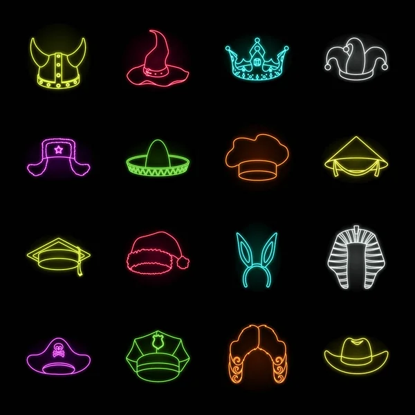 Different kinds of hats neon icons in set collection for design.Headdress vector symbol stock web illustration. — Stockvector