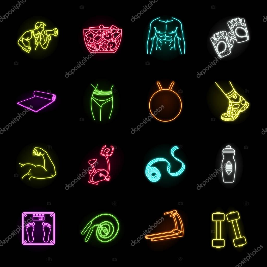 Fitness and attributes neon icons in set collection for design. Fitness equipment vector symbol stock  illustration.