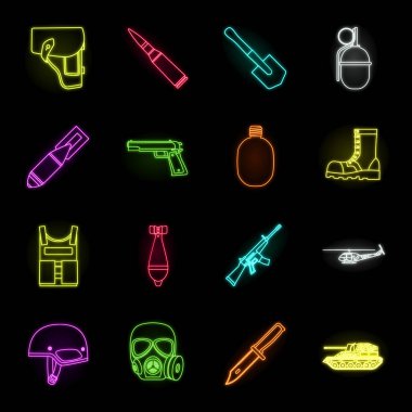 Set koleksiyonu tasarım için ordu ve donatma neon simgeler. Silah ve teçhizat sembol stok web illüstrasyon vektör.