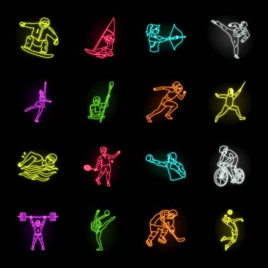 Spor neon simgeleri set koleksiyonu tasarım için farklı türde. Atlet, yarışmalar sembol stok web illüstrasyon vektör.