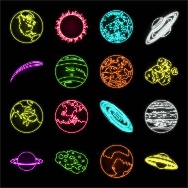 Gezegenler Güneş sistemi neon simgeleri tasarım için küme toplama. Evren ve astronomi sembol stok web illüstrasyon vektör.