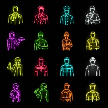Farklı mesleklerden neon simgeleri set koleksiyonu tasarım için halkı. İşçi ve uzman sembol stok web illüstrasyon vektör.
