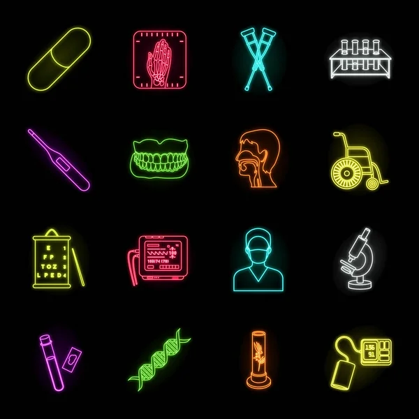 Medicina e ícones de neon de tratamento na coleção de conjuntos para design. Medicina e equipamentos símbolo vetorial ilustração web stock . —  Vetores de Stock