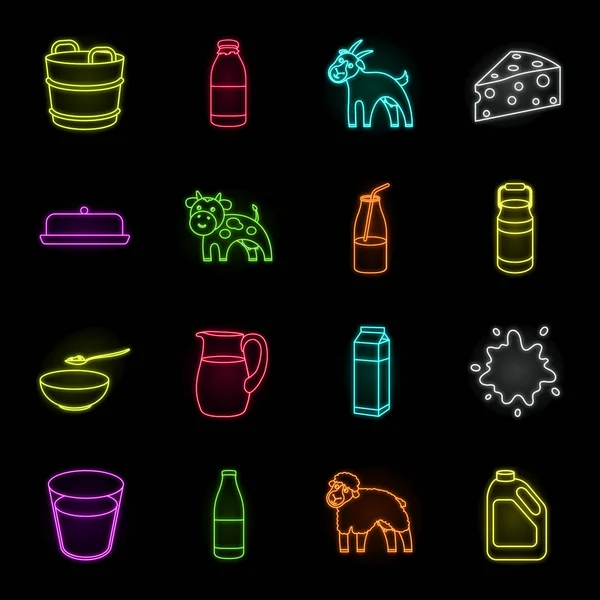 Süt ürün neon simgeler vektör design.Milk ve gıda için küme toplama hisse senedi web illüstrasyon simge. — Stok Vektör