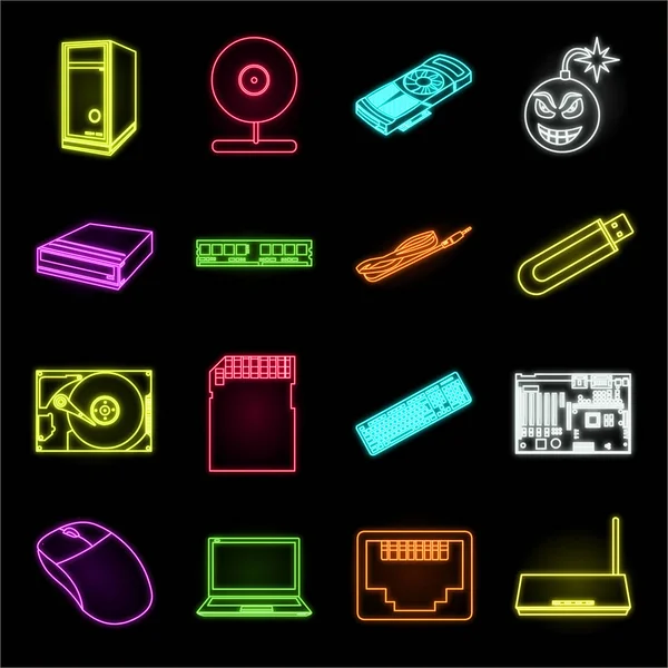 Ordenador personal iconos de neón en la colección de conjuntos para el diseño. Equipo y accesorios vector símbolo stock web ilustración . — Archivo Imágenes Vectoriales