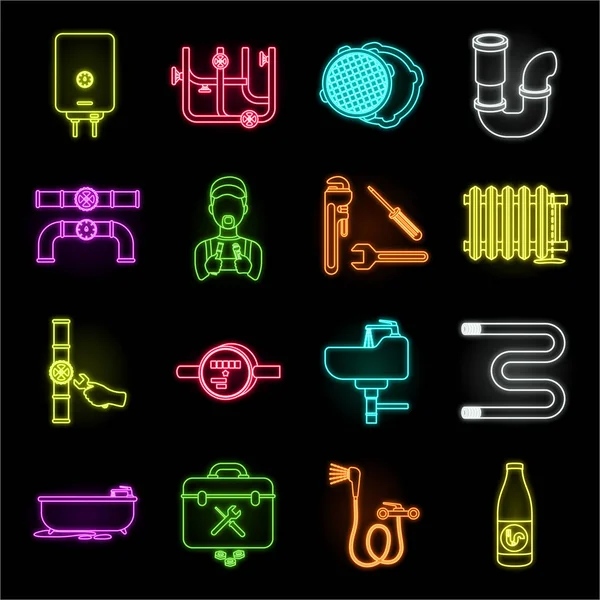 VVS, montering neon ikoner i set insamling för design. Utrustning och verktyg vektor symbol lager web illustration. — Stock vektor