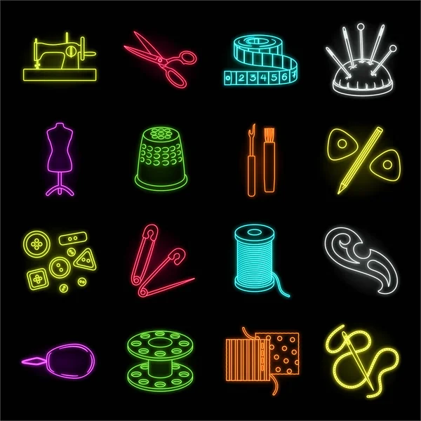 Sewing, atelier neon icons in set collection for design. Tool kit vector symbol stock web illustration. — Stock Vector