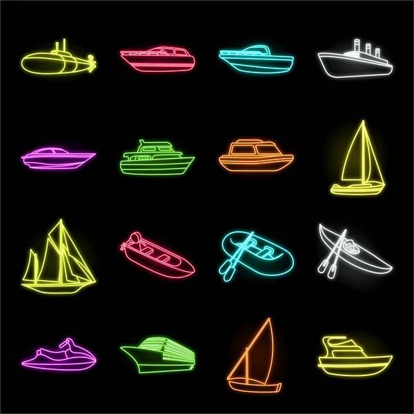 Water en zee vervoer neon icons in set collectie voor design. Een aantal boten en schepen symbool voorraad web vectorillustratie. — Stockvector