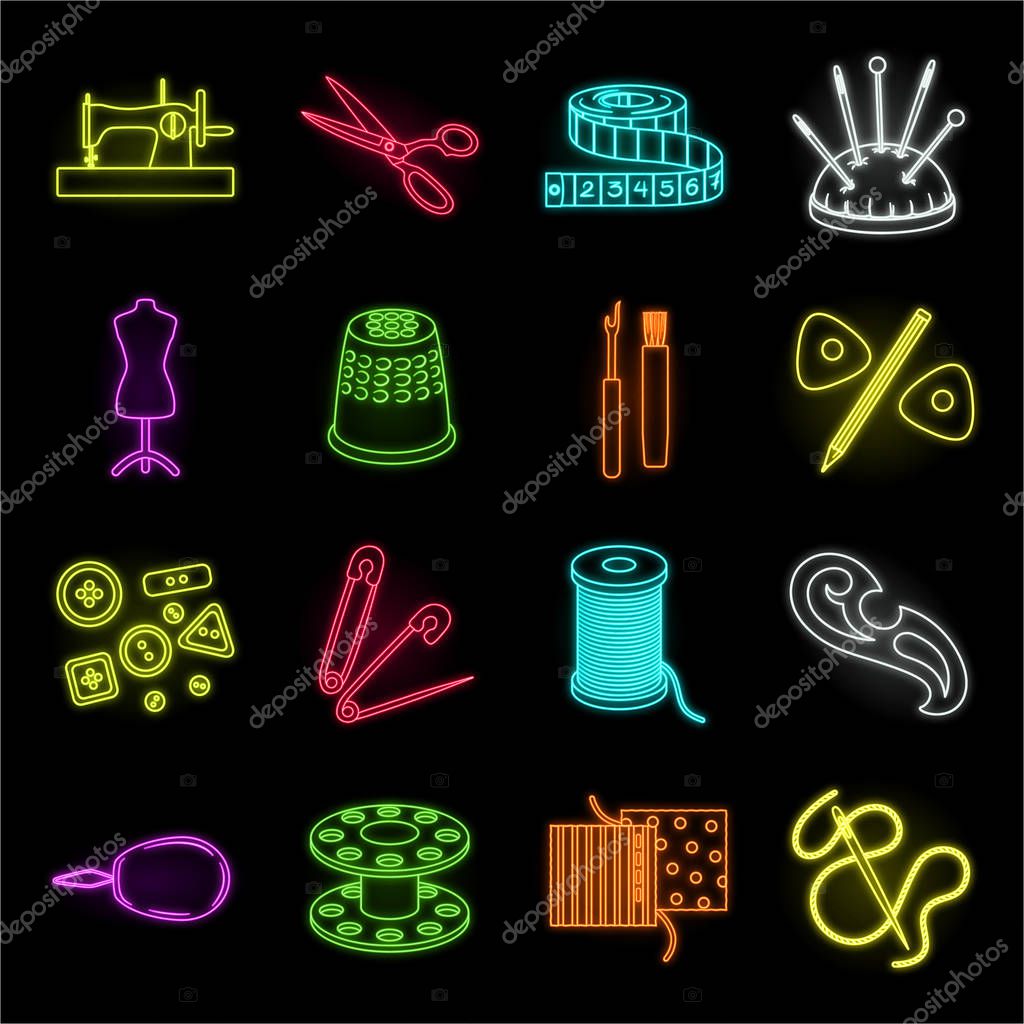 Sewing, atelier neon icons in set collection for design. Tool kit vector symbol stock  illustration.