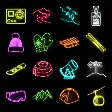 Set koleksiyonu tasarım için Ski resort ve ekipman neon simgeler. Eğlence ve rekreasyon sembol stok web illüstrasyon vektör.