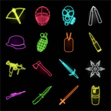 Set koleksiyonu tasarım için silah neon simgeleri türleri. Ateşli silahlar ve kanatlı silah sembol stok web illüstrasyon vektör.