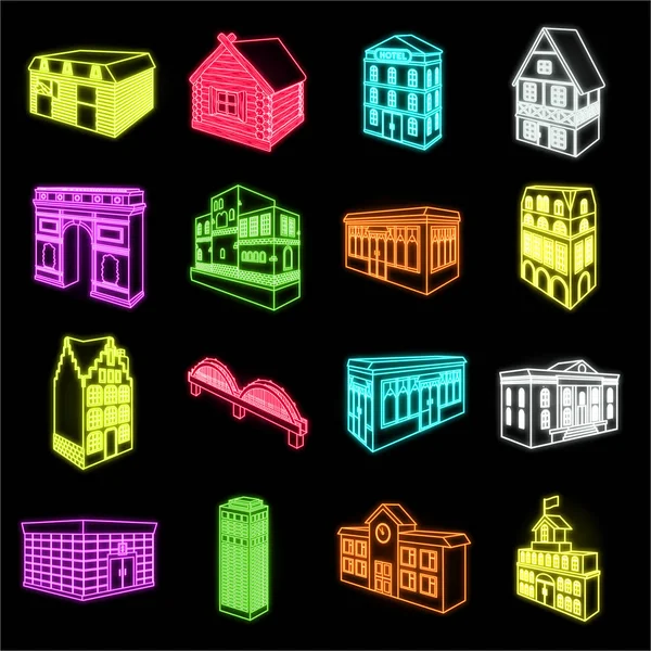 Building and architecture neon icons in set collection for design.The building and dwelling vector isometric symbol stock web illustration. — Stock Vector