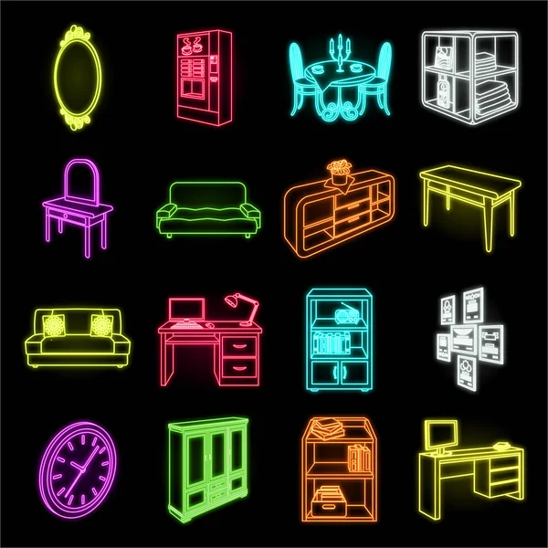 Mobilier et intérieur icônes néon dans la collection ensemble pour le design. Ameublement de maison vecteur isométrique symbole stock web illustration . — Image vectorielle