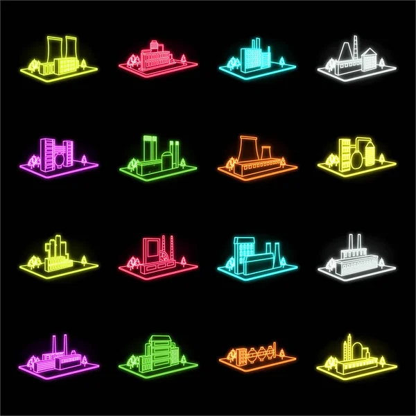 Factory and plant neon icons in set collection for design. Production and enterprise vector isometric symbol stock web illustration. — Stock Vector