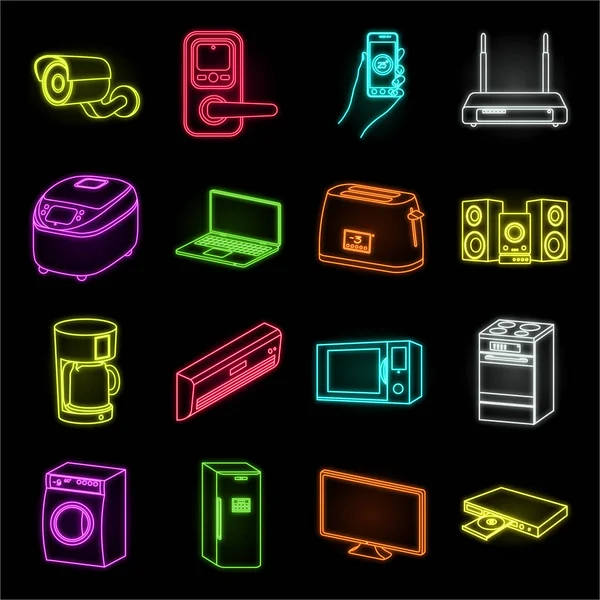 Smart-Home-Geräte Neon-Icons in Set-Kollektion für Design. moderne Haushaltsgeräte Vektor Symbol Stock Web Illustration. — Stockvektor