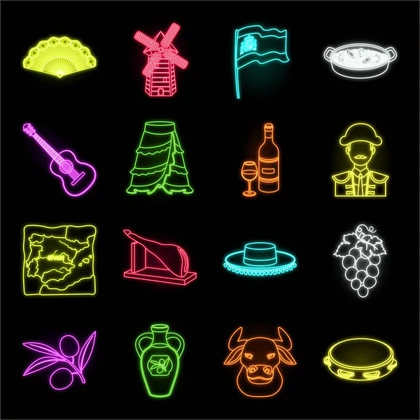 Spanje land neon icons in set collectie voor design. Reizen en bezienswaardigheden vector symbool voorraad web illustratie. — Stockvector