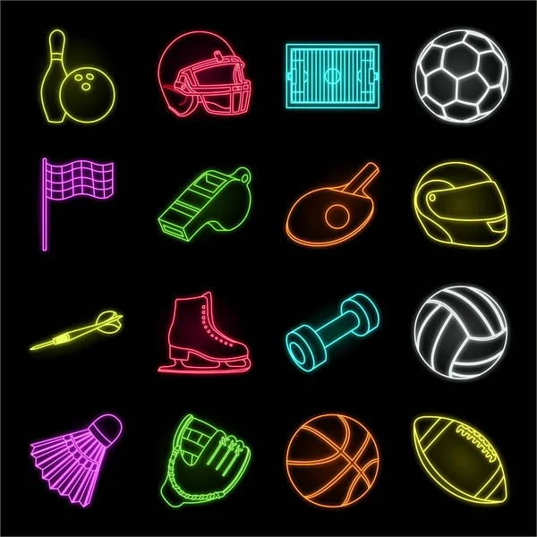 Diferentes tipos de ícones de neon esportivos na coleção de conjuntos para design. Equipamento desportivo símbolo vetorial ilustração web stock . — Vetor de Stock