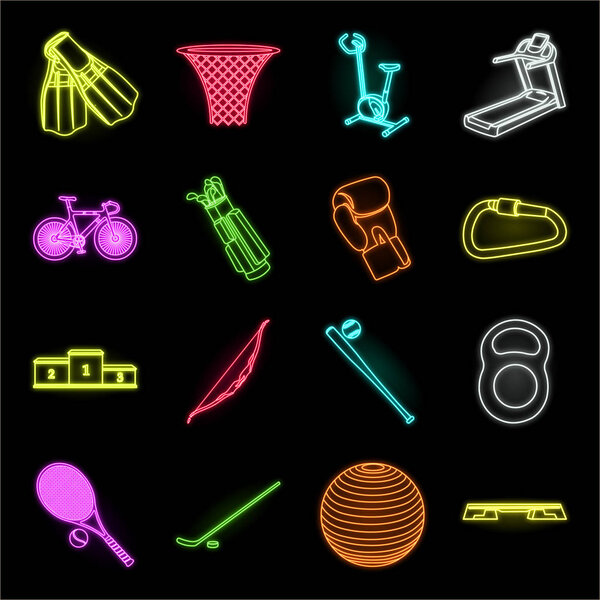 Different kinds of sports neon icons in set collection for design. Sport equipment vector symbol stock web illustration.