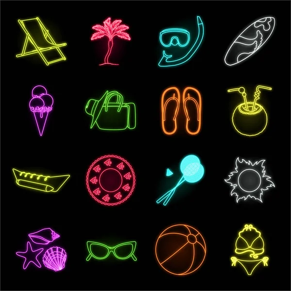 Zomer rest neon icons in set collectie voor design. Strand accessoire symbool voorraad web vectorillustratie. — Stockvector