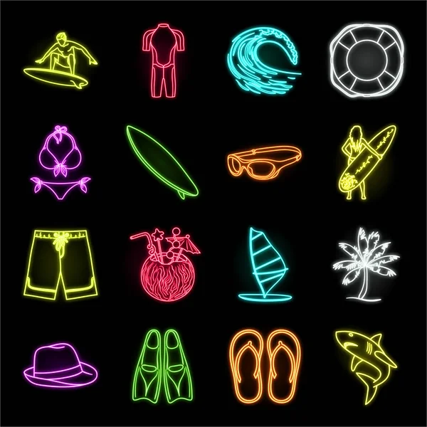 Surfen en extreme neon icons in set collectie voor design. Surfer en accessoires vector symbool voorraad web illustratie. — Stockvector