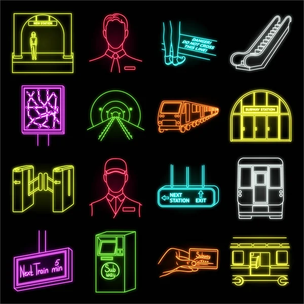 Tunnelbana, tunnelbanan neon ikoner i set insamling för design. Stadstrafik vektor symbol lager web illustration. — Stock vektor