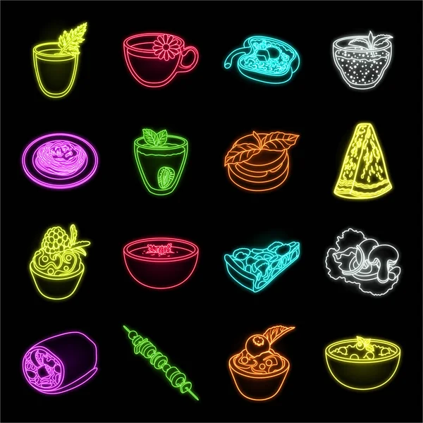 Plato Vegetariano Iconos Neón Colección Conjuntos Para Design Vegetable Leche — Archivo Imágenes Vectoriales