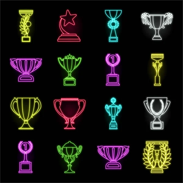 Gold Cup neon icons in set collection for design. Winners Cup vector symbol stock web illustration. — Stock Vector