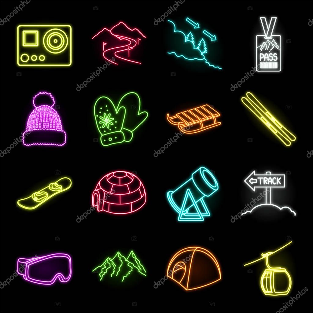 Ski resort and equipment neon icons in set collection for design. Entertainment and recreation vector symbol stock  illustration.