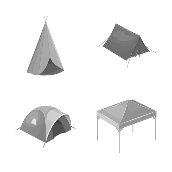 Illustration vectorielle de la tente et du panneau du camp. Collection de tente et de stock forestier symbole pour le web . — Image vectorielle