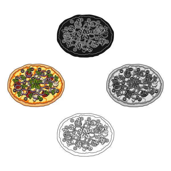 Pizza avec viande, fromage et autres garnitures. Icône unique pizza différente dans le style dessin animé vectoriel symbole illustration web . — Image vectorielle