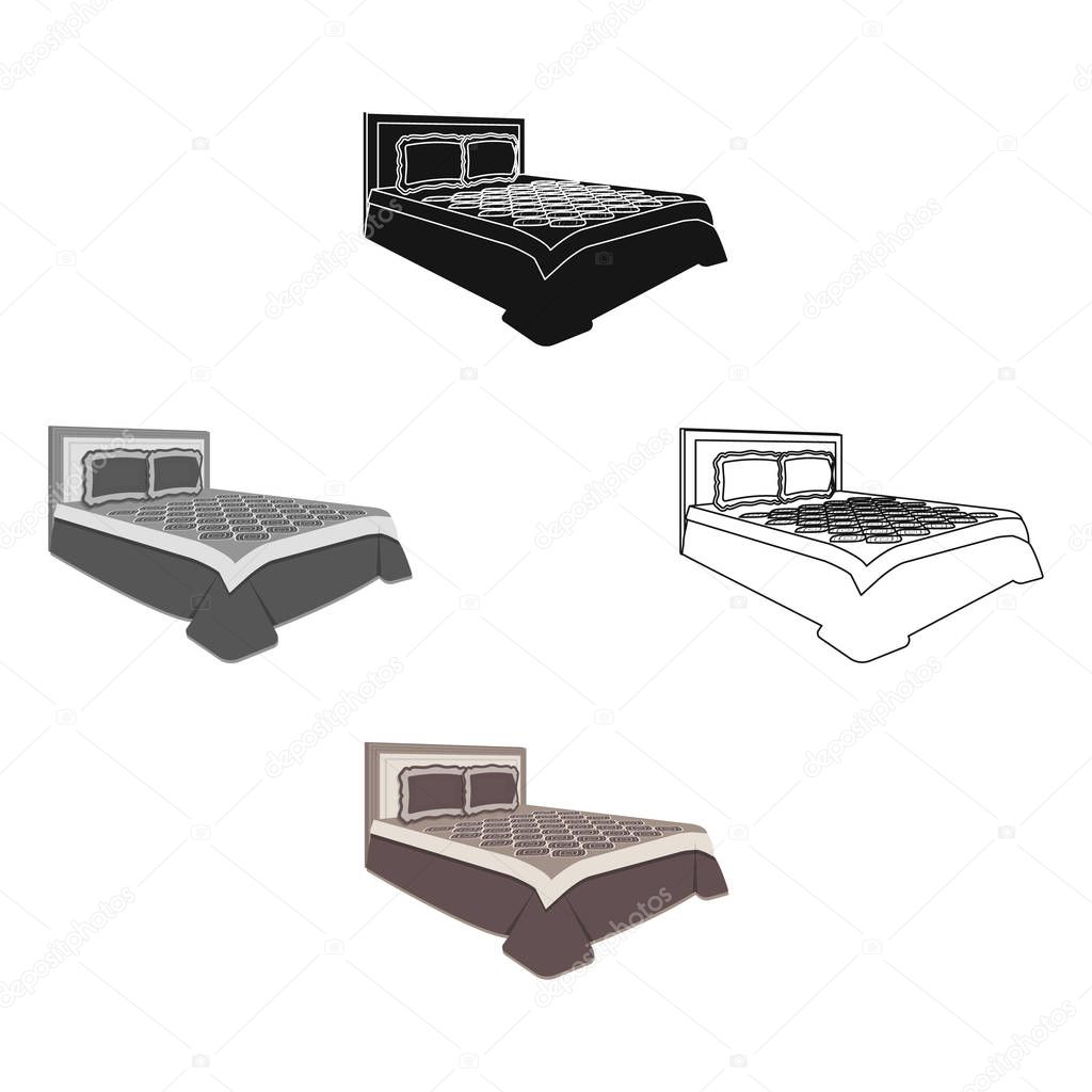 Top view bedroom with beige wall.Large double bed with brown plaid bed.Bed single icon in cartoon style vector symbol stock web illustration.