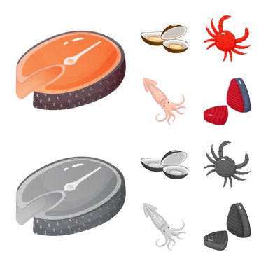 Taze ve restoran simge vektör Illustration. Web için taze ve deniz hisse senedi simgesi kümesi.