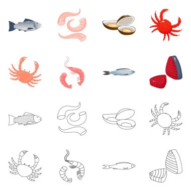 Vektör tasarımı taze ve restoran oturum açın. Hisse senedi için taze ve deniz vektör simge topluluğu.