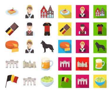 Ülke Belçika karikatür, düz simgeler toplama tasarımı için ayarlayın. Seyahat ve konumlar Belçika sembol stok web illüstrasyon vektör.