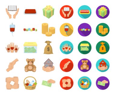 Yardım ve bağış çizgi film, düz simgeler toplama tasarımı için ayarlayın. Maddi yardım vektör simge stok web çizim.