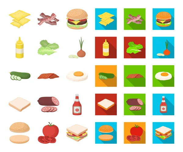 Hamburguesa y dibujos animados ingredientes, iconos planos en la colección de conjuntos para el diseño. Burger cocina vector símbolo stock web ilustración . — Vector de stock