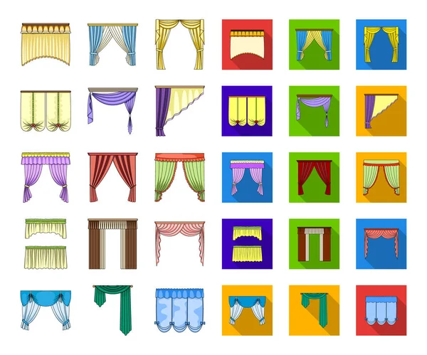 Olika typer av gardiner tecknad, platt ikoner i set samling för design. Gardiner och lambrequiner vektor symbol lager web illustration. — Stock vektor