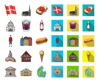 Ülke Danimarka karikatür, düz simgeler toplama tasarımı için ayarlayın. Seyahat ve etkinlikler Danimarka sembol stok web illüstrasyon vektör.