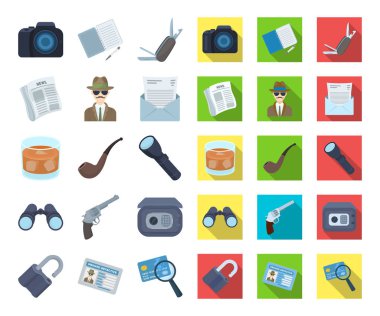 Dedektif ve öznitelikleri çizgi film, düz simgeler toplama tasarımı için ayarlayın. Dedektif ajansı vektör simge stok web çizim.