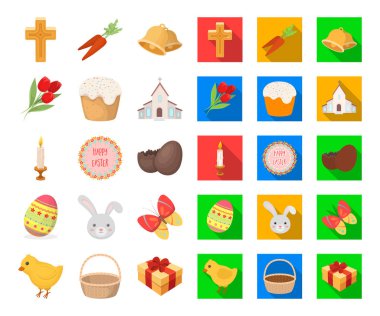 Paskalya bir Hıristiyan tatil çizgi film, set koleksiyonu tasarım için düz simgeleri olduğunu. Paskalya öznitelikleri sembol stok web illüstrasyon vektör.