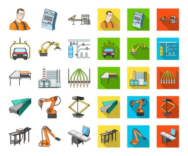 Ekipman ve makine çizgi film, düz simgeler toplama tasarımı için ayarlayın. Fabrika vektör simge stok web çizim teknik ilerleme.