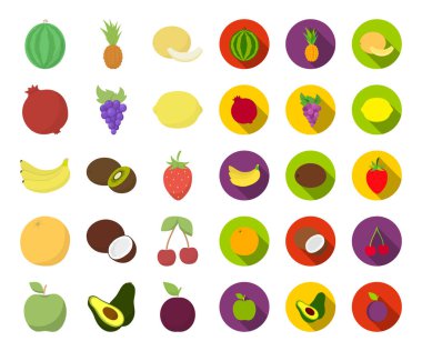 Farklı meyve çizgi film, düz simgeler toplama tasarımı için ayarlayın. Meyve ve vitaminler sembol stok web illüstrasyon vektör.