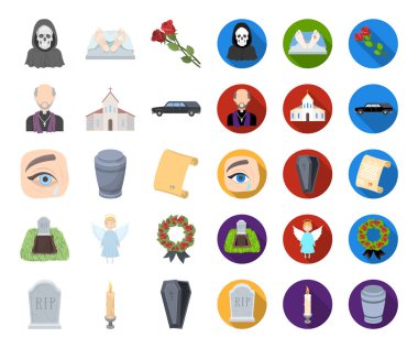 Cenaze töreni çizgi film, set koleksiyonu tasarım için düz simgeler. Cenaze törenleri ve öznitelikleri sembol stok web illüstrasyon vektör.