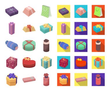Hediye ve paketleme çizgi film, düz simgeler toplama tasarımı için ayarlayın. Renkli ambalaj sembol stok web illüstrasyon vektör.