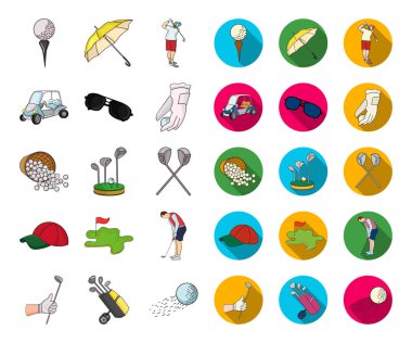Golf ve öznitelikleri karikatür, set koleksiyonu tasarım için düz simgeler. Golf Kulübü ve ekipman sembol stok web illüstrasyon vektör.