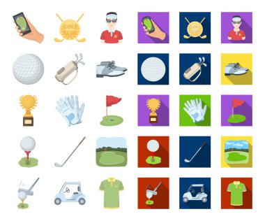 Golf ve öznitelikleri karikatür, set koleksiyonu tasarım için düz simgeler. Golf Kulübü ve ekipman sembol stok web illüstrasyon vektör.