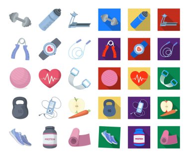 Spor salonu ve eğitim çizgi film, set koleksiyonu tasarım için düz simgeler. Spor salonu ve ekipmanları sembol stok web illüstrasyon vektör.