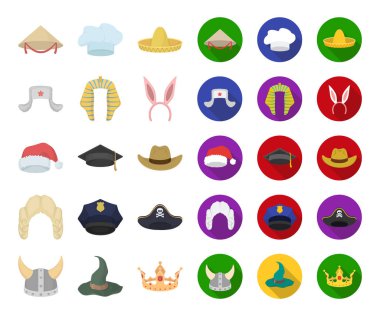 Şapka çeşitleri karikatür, set koleksiyonu tasarım için düz simgeler. Headdress vektör simge stok web çizimi.
