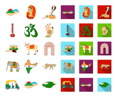 Ülke Hindistan çizgi film, düz simgeler toplama tasarımı için ayarlayın. Hindistan ve dönüm noktası sembol stok web illüstrasyon vektör.