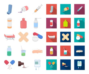 İlaç ve tedavi çizgi film, düz simgeler toplama tasarımı için ayarlayın. Tıp ve ekipman sembol stok web illüstrasyon vektör.